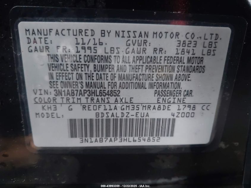 2017 Nissan Sentra Sv VIN: 3N1AB7AP3HL654852 Lot: 43993359