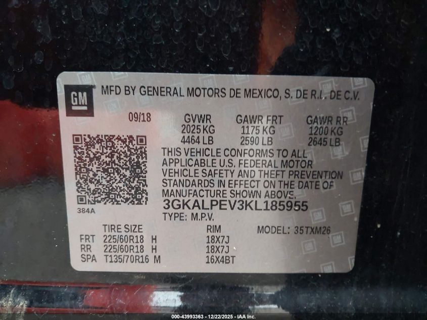 2019 GMC Terrain Slt VIN: 3GKALPEV3KL185955 Lot: 43993363