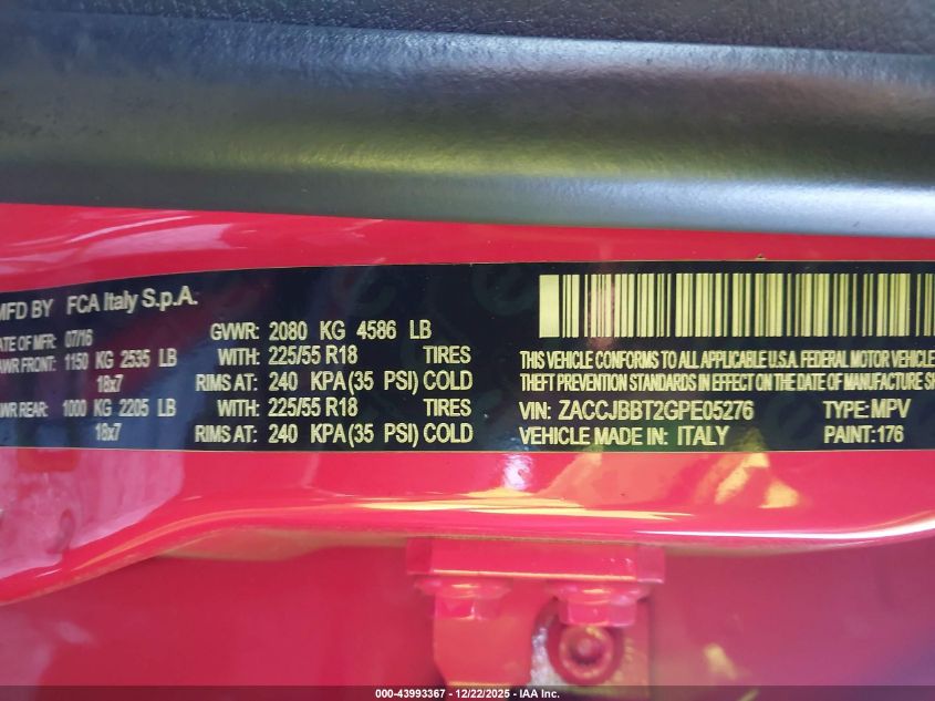 2016 Jeep Renegade Latitude VIN: ZACCJBBT2GPE05276 Lot: 43993367