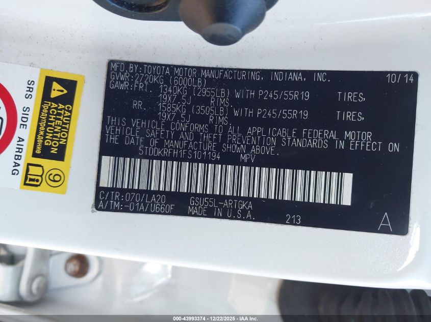 2015 Toyota Highlander Limited Platinum V6 VIN: 5TDDKRFH1FS101194 Lot: 43993374