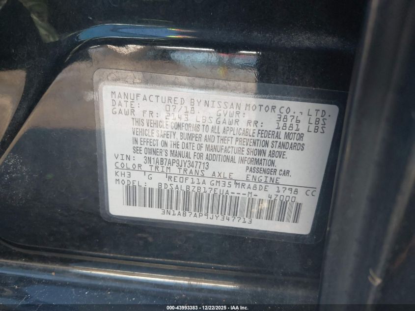 2018 Nissan Sentra S VIN: 3N1AB7AP9JY347713 Lot: 43993383