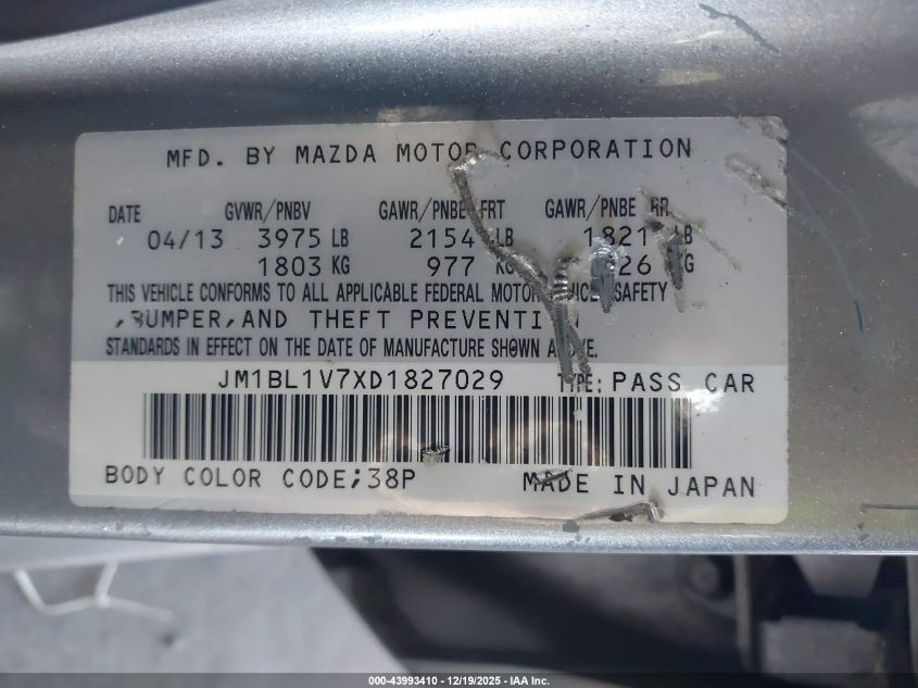 2013 Mazda Mazda3 I Touring VIN: JM1BL1V7XD1827029 Lot: 43993410