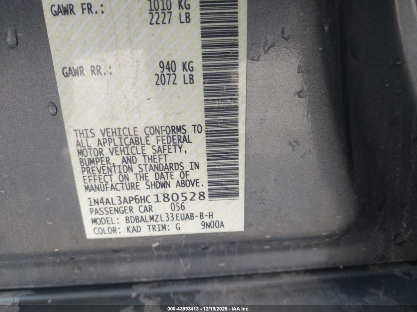 2017 Nissan Altima 2.5 Sv VIN: 1N4AL3AP6HC180528 Lot: 43993413