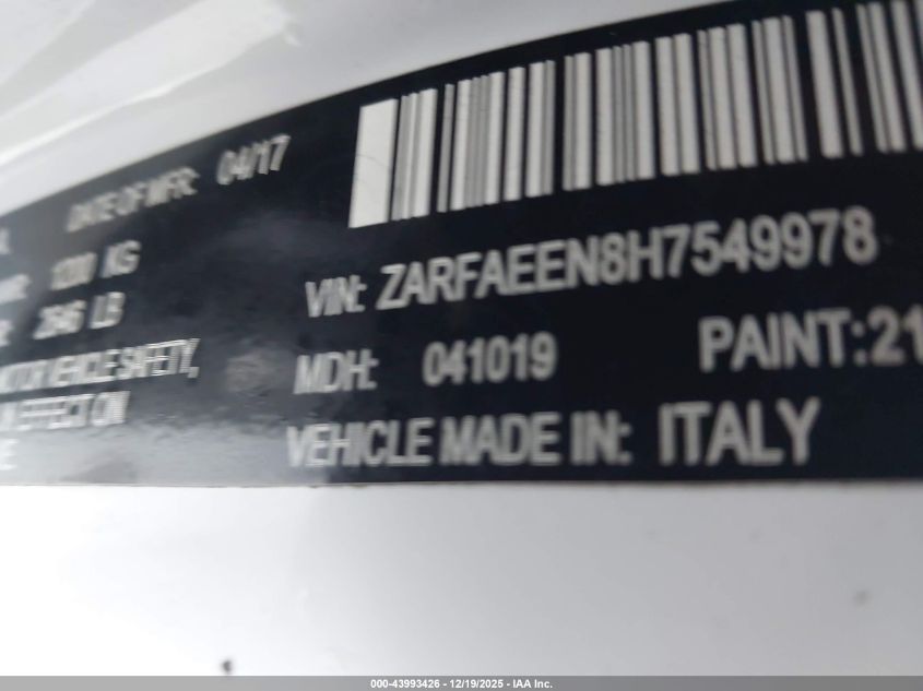 2017 Alfa Romeo Giulia Ti Awd VIN: ZARFAEEN8H7549978 Lot: 43993426