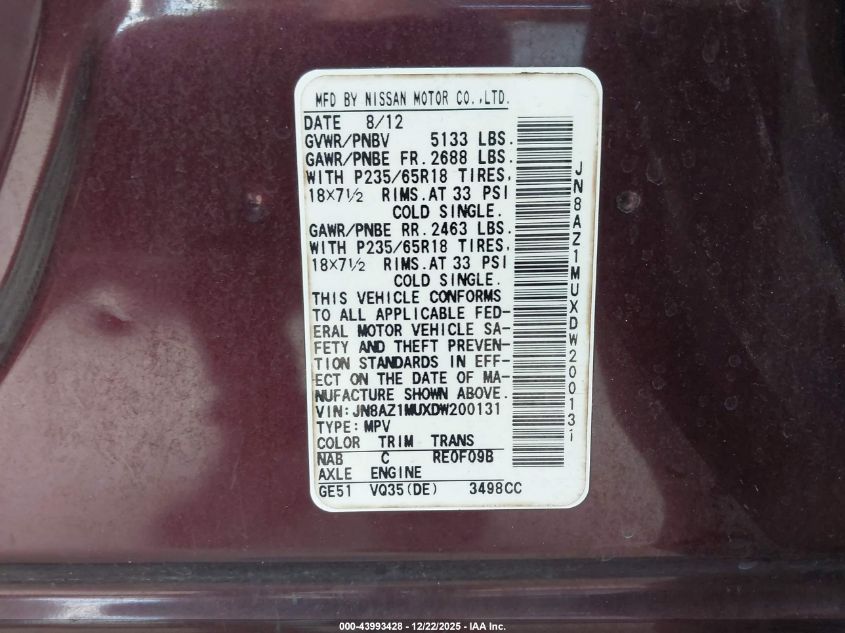 2013 Nissan Murano S VIN: JN8AZ1MUXDW200131 Lot: 43993428