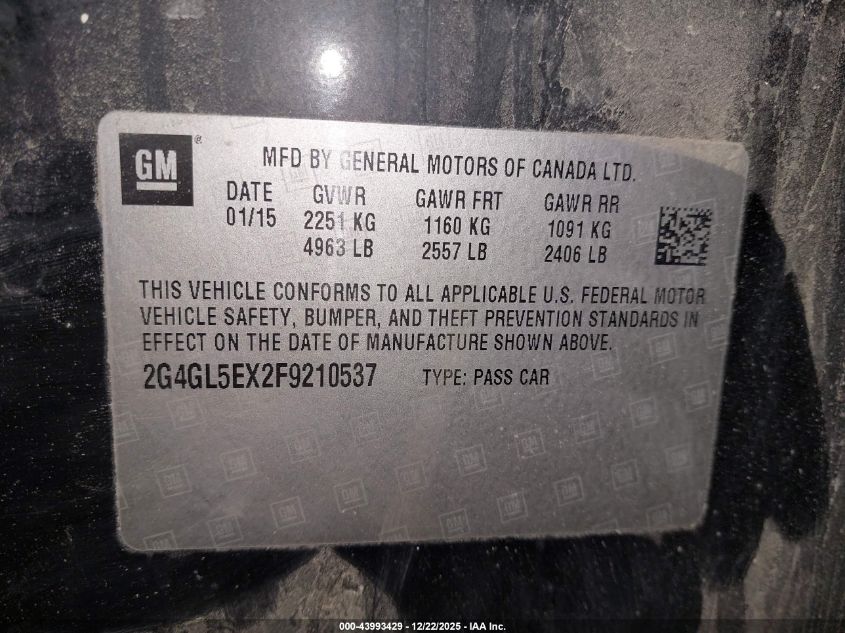 2015 Buick Regal Turbo VIN: 2G4GL5EX2F9210537 Lot: 43993429