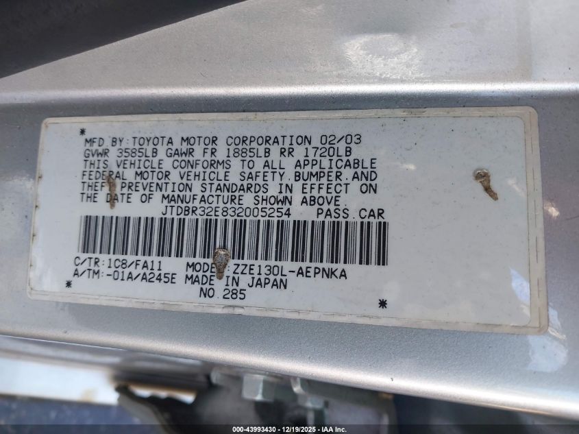 2003 Toyota Corolla Le VIN: JTDBR32E832005254 Lot: 43993430