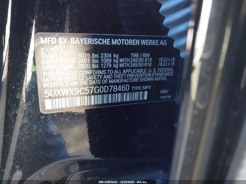 2016 BMW X3 xDrive28I VIN: 5UXWX9C57G0D78460 Lot: 43993432