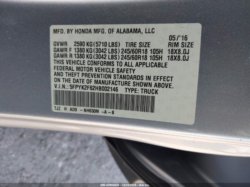 2017 Honda Ridgeline Rtl-T VIN: 5FPYK2F62HB002146 Lot: 43993435