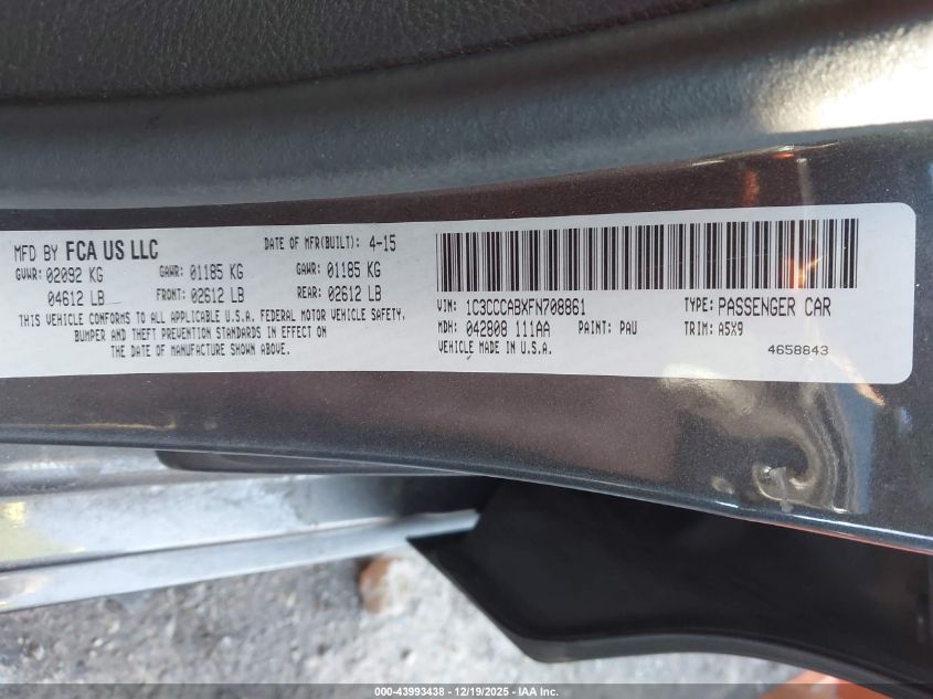 2015 Chrysler 200 Limited VIN: 1C3CCCABXFN708861 Lot: 43993438