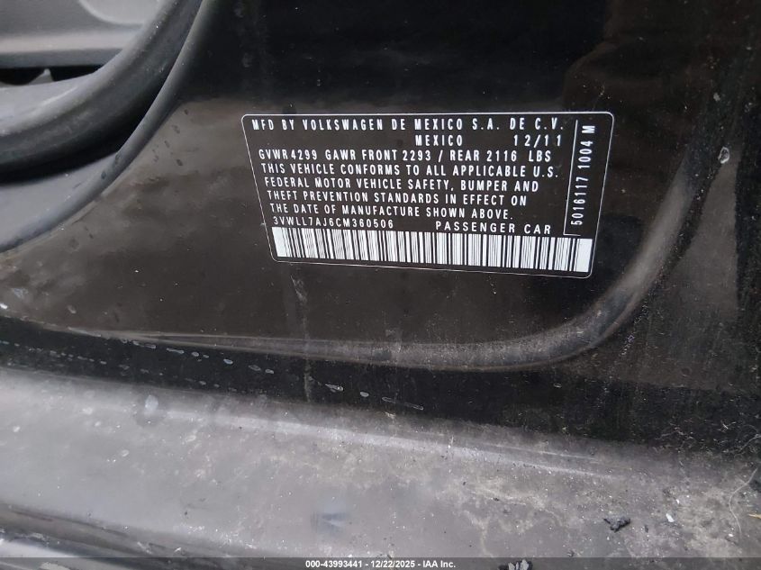 2012 Volkswagen Jetta 2.0L Tdi VIN: 3VWLL7AJ6CM360506 Lot: 43993441