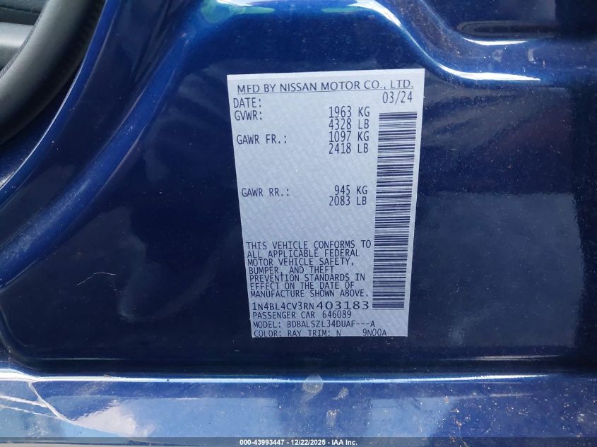 2024 Nissan Altima Sr Fwd VIN: 1N4BL4CV3RN403183 Lot: 43993447