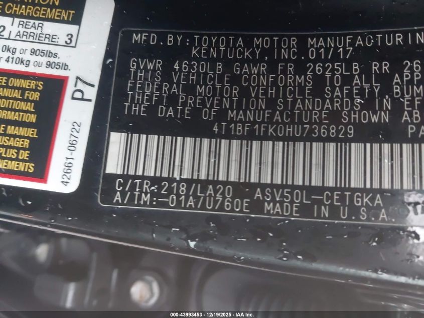 2017 Toyota Camry Xle VIN: 4T1BF1FK0HU736829 Lot: 43993453