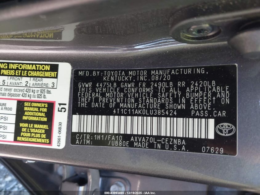 2020 Toyota Camry Le VIN: 4T1C11AK0LU385424 Lot: 43993465