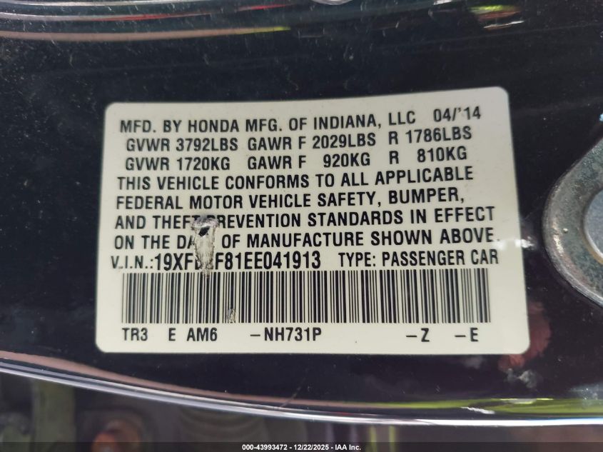 2014 Honda Civic Ex VIN: 19XFB2F81EE041913 Lot: 43993472