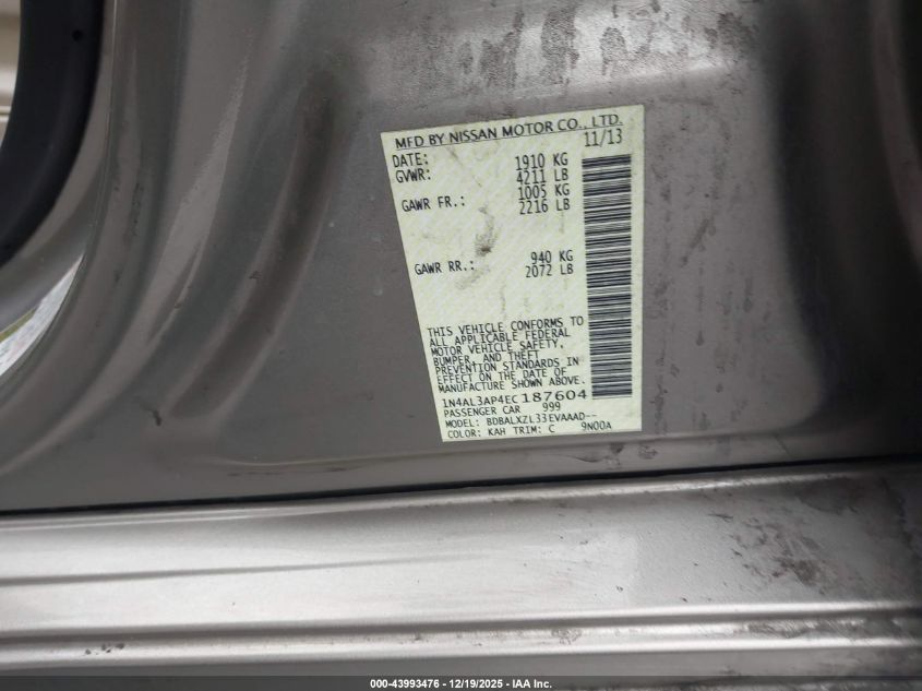 2014 Nissan Altima 2.5/2.5 S/2.5 Sl/2.5 Sv VIN: 1N4AL3AP4EC187604 Lot: 43993476