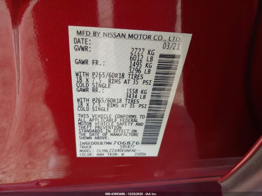 2021 Nissan Frontier Sv 4X4 VIN: 1N6ED0EB7MN706876 Lot: 43993496