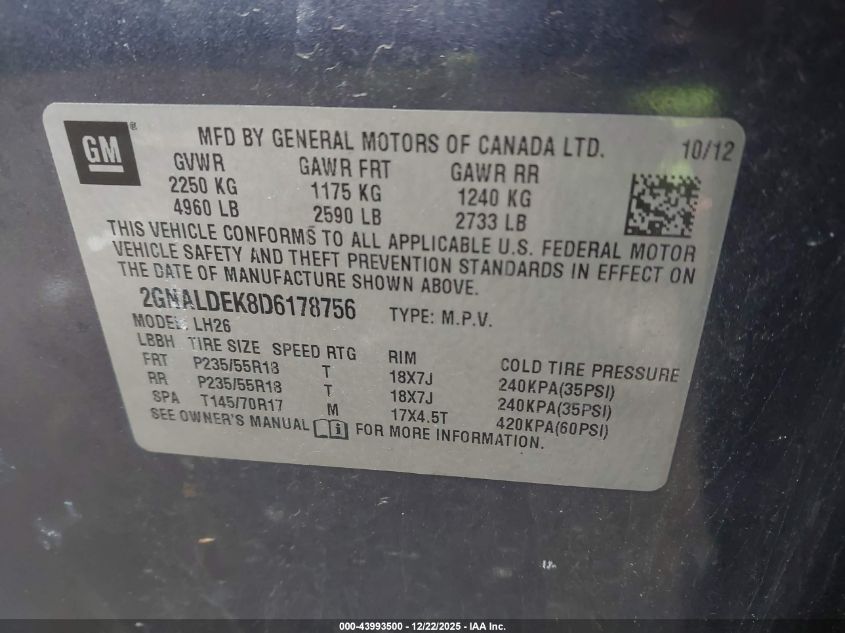 2013 Chevrolet Equinox 1Lt VIN: 2GNALDEK8D6178756 Lot: 43993500