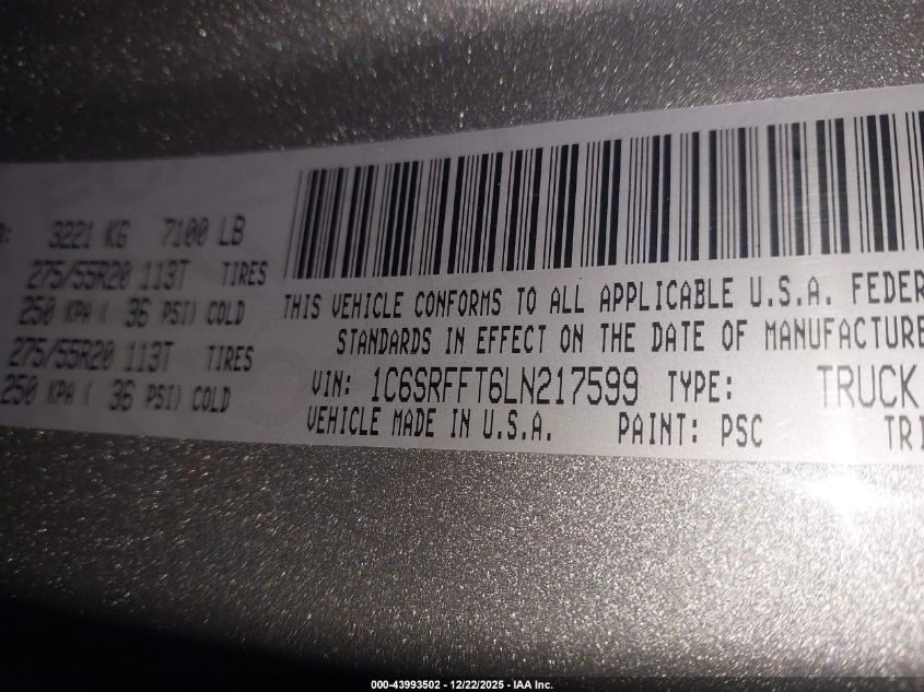 2020 Ram 1500 Big Horn 4X4 5'7 Box VIN: 1C6SRFFT6LN217599 Lot: 43993502