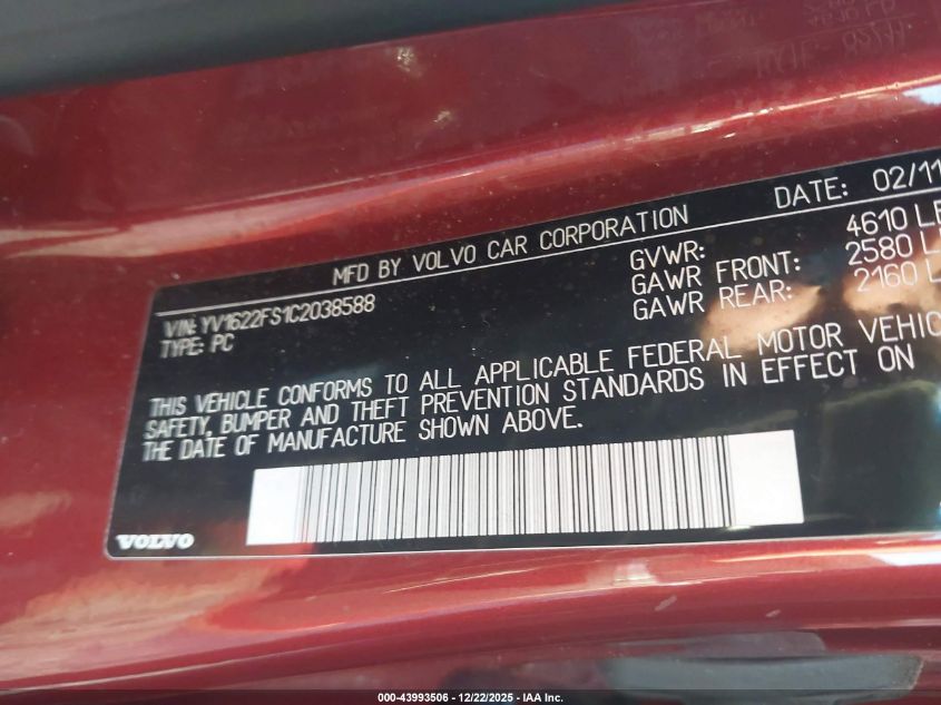 2012 Volvo S60 T5 VIN: YV1622FS1C2038588 Lot: 43993506