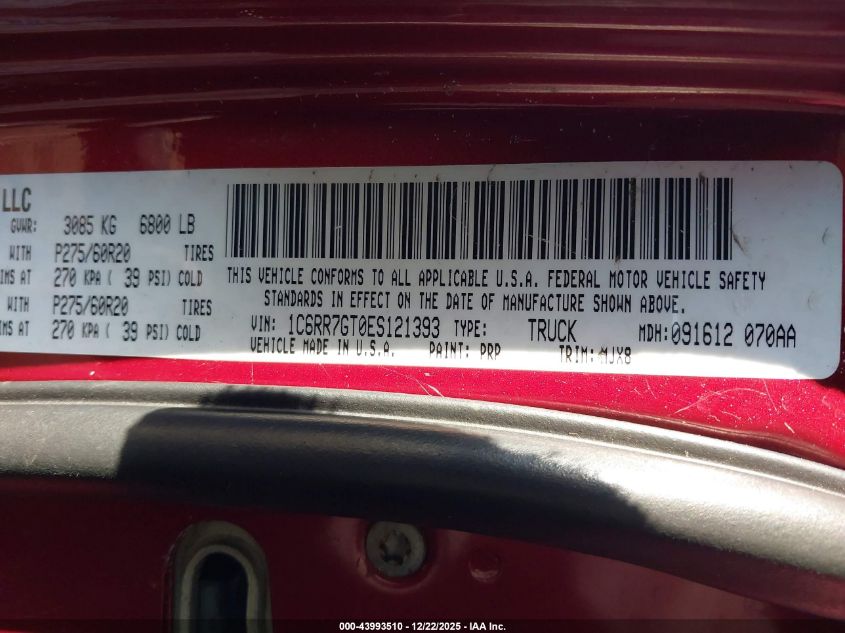 2014 Ram 1500 Big Horn VIN: 1C6RR7GT0ES121393 Lot: 43993510