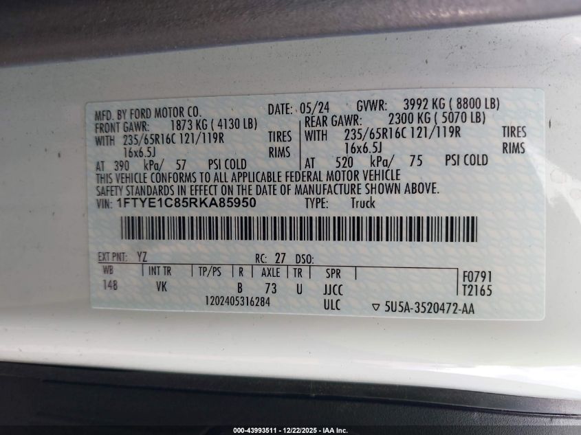 2024 Ford Transit-150 VIN: 1FTYE1C85RKA85950 Lot: 43993511