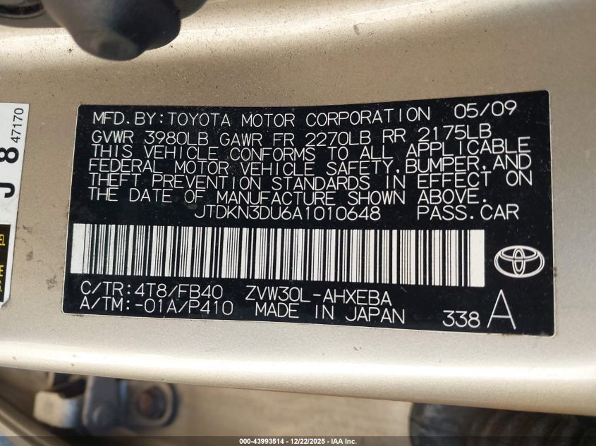 2010 Toyota Prius Iii VIN: JTDKN3DU6A1010648 Lot: 43993514