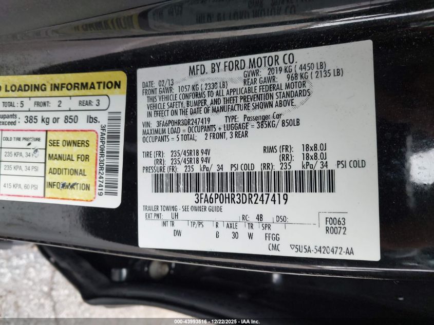 2013 Ford Fusion Se VIN: 3FA6P0HR3DR247419 Lot: 43993516