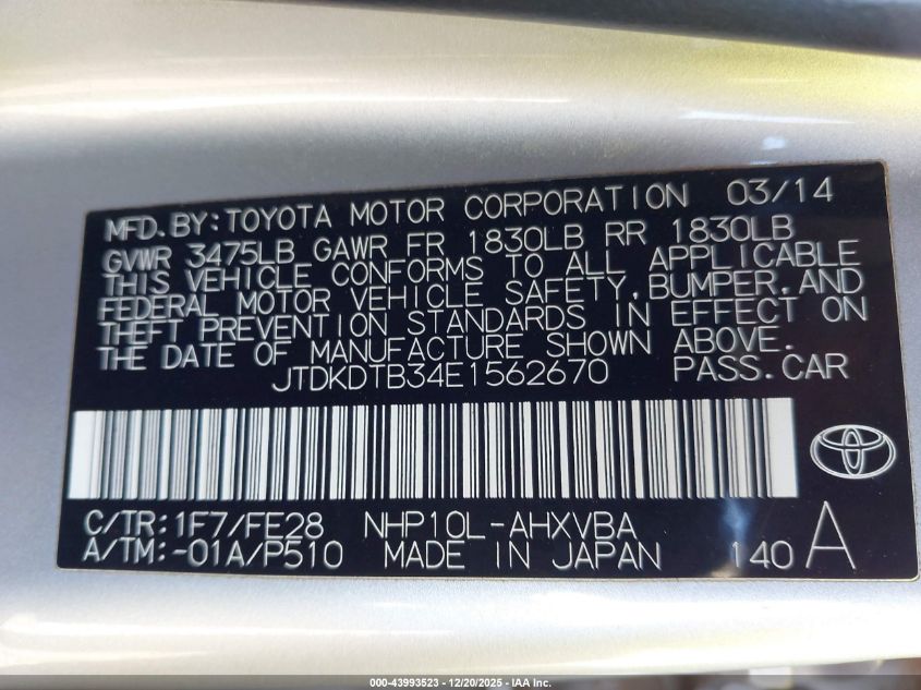 2014 Toyota Prius C One VIN: JTDKDTB34E1562670 Lot: 43993523