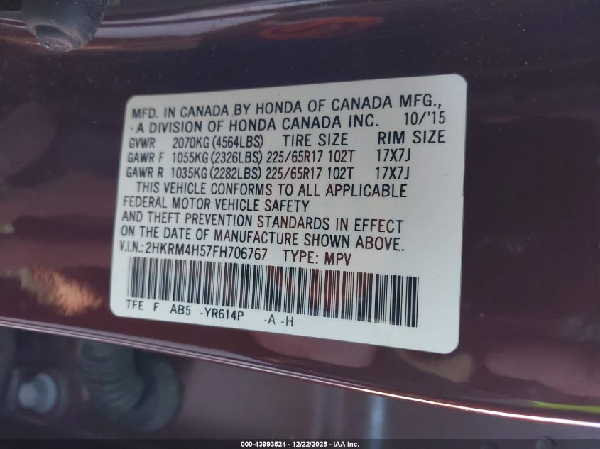 2015 Honda Cr-V Ex VIN: 2HKRM4H57FH706767 Lot: 43993524
