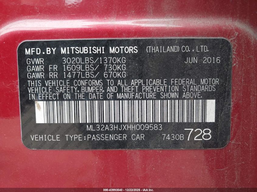 2017 Mitsubishi Mirage Es VIN: ML32A3HJXHH009583 Lot: 43993540