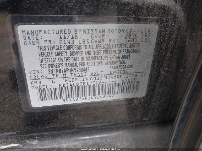 2019 Nissan Sentra S VIN: 3N1AB7AP1KY268442 Lot: 43993545