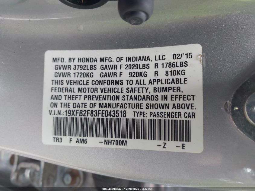 2015 Honda Civic Ex VIN: 19XFB2F83FE043518 Lot: 43993547