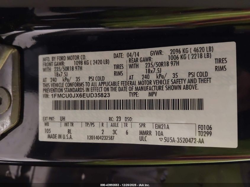 2014 Ford Escape Titanium VIN: 1FMCU0JX6EUD35823 Lot: 43993553