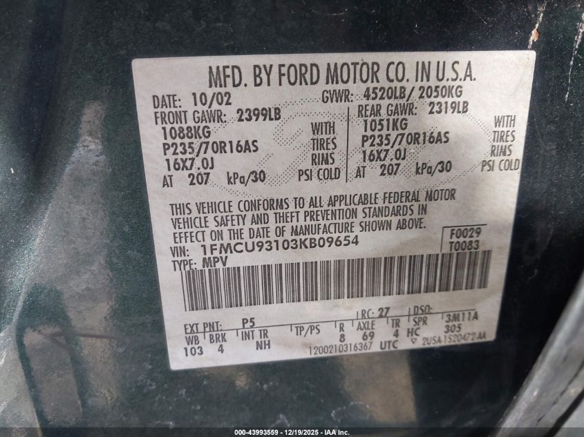 2003 Ford Escape Xlt VIN: 1FMCU93103KB09654 Lot: 43993559