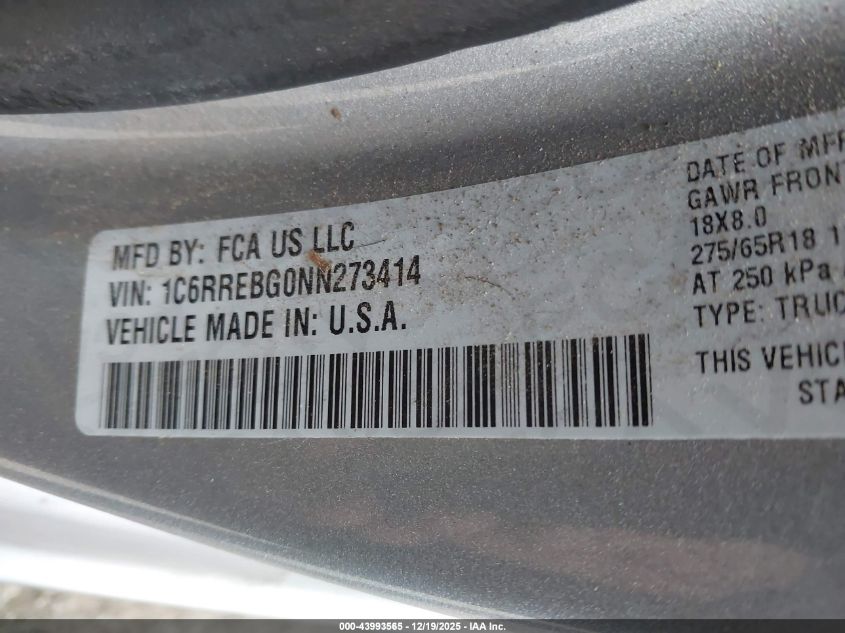 2022 Ram 1500 Big Horn 4X2 6'4 Box VIN: 1C6RREBG0NN273414 Lot: 43993565