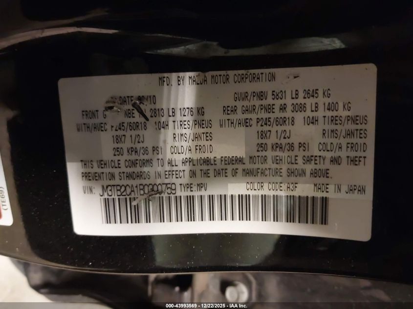 2011 Mazda Cx-9 Touring VIN: JM3TB2CA1B0300759 Lot: 43993569