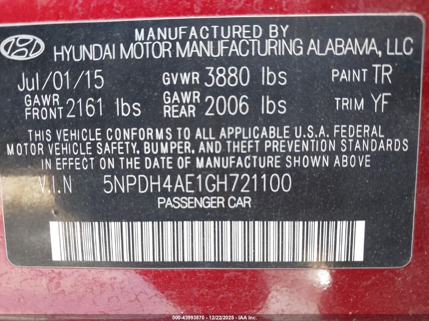 2016 Hyundai Elantra Se VIN: 5NPDH4AE1GH721100 Lot: 43993570