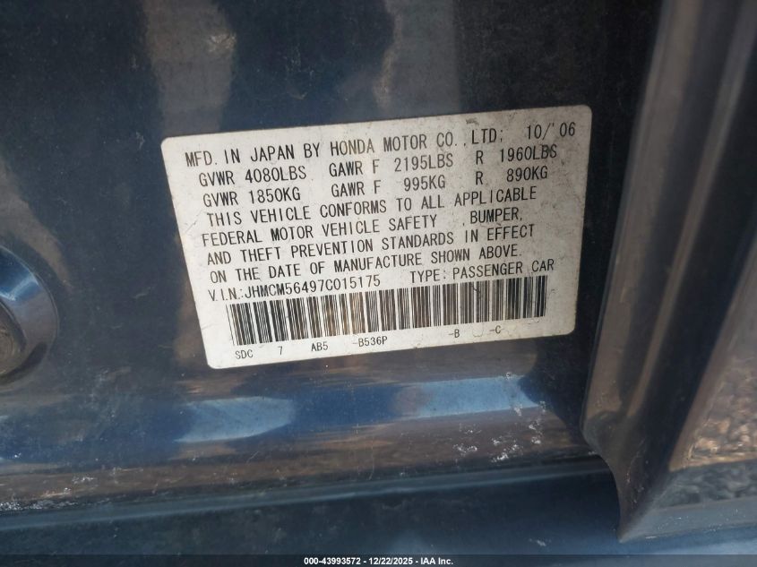2007 Honda Accord 2.4 Lx VIN: JHMCM56497C015175 Lot: 43993572