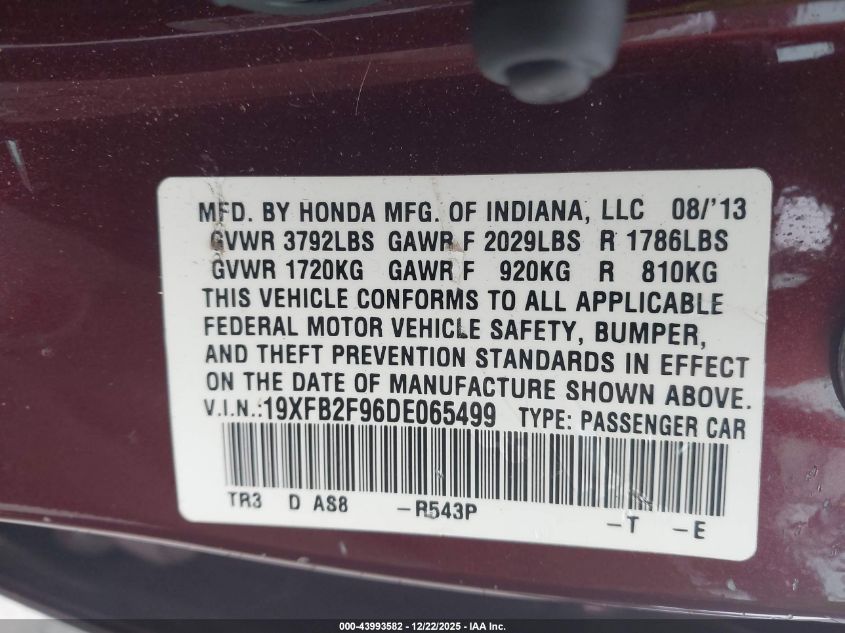 2013 Honda Civic Ex-L VIN: 19XFB2F96DE065499 Lot: 43993582