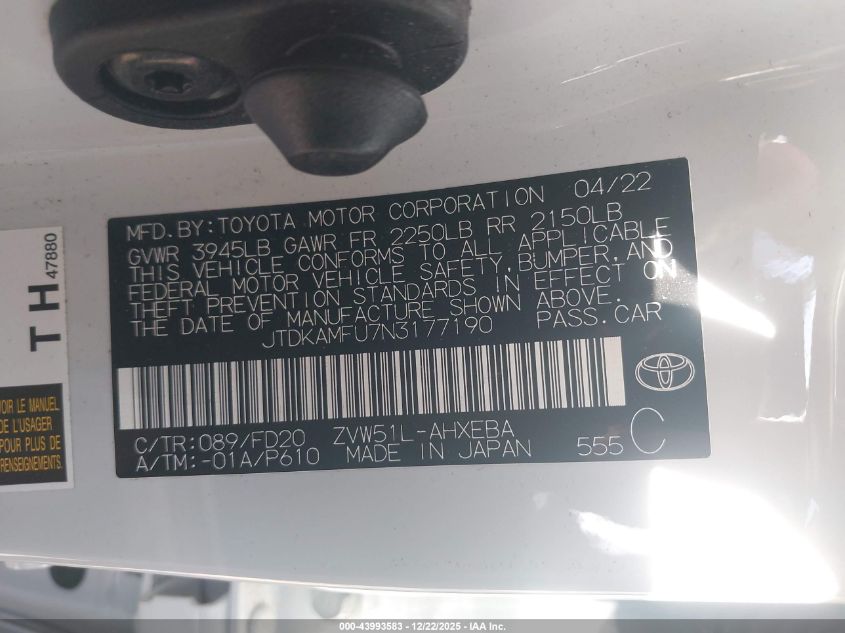 2022 Toyota Prius Le VIN: JTDKAMFU7N3177190 Lot: 43993583