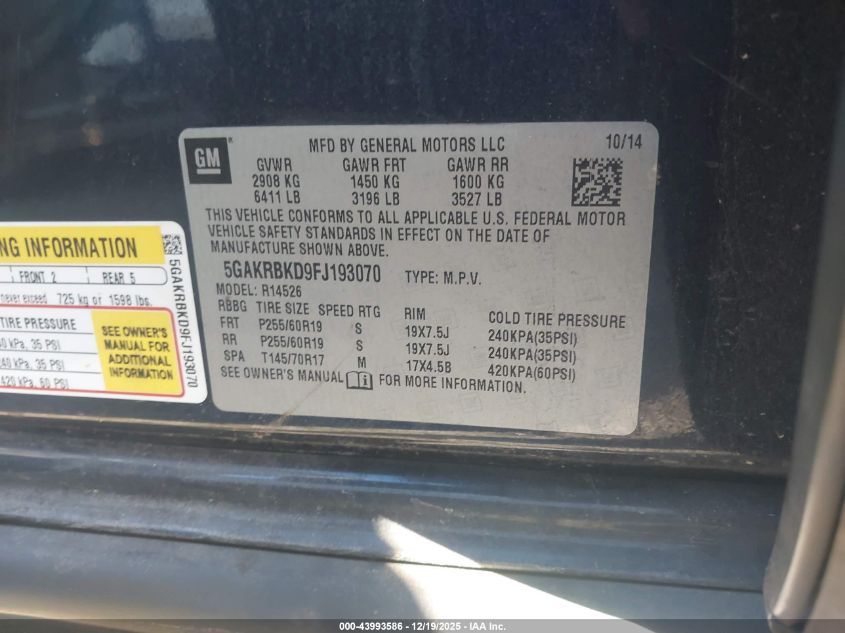 2015 Buick Enclave Leather VIN: 5GAKRBKD9FJ193070 Lot: 43993586