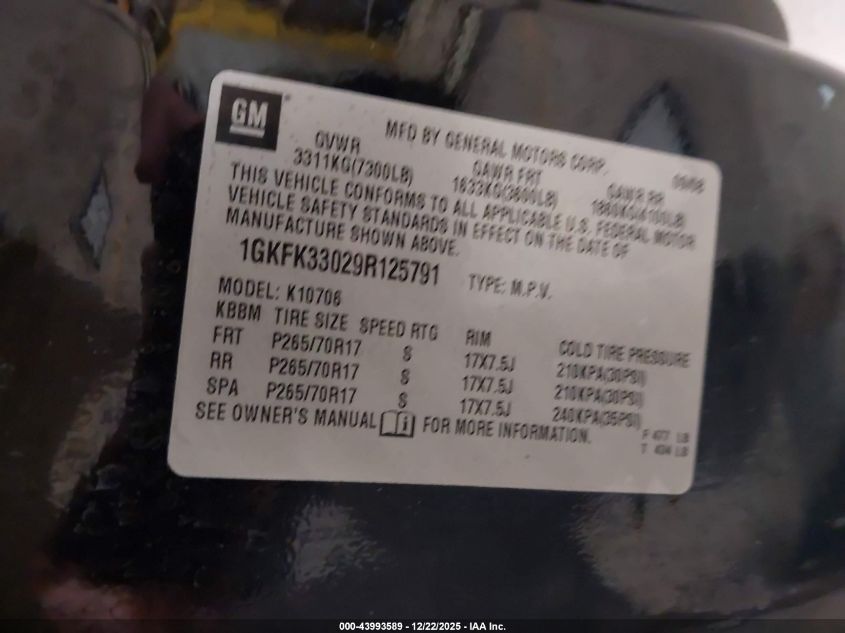 2009 GMC Yukon Slt2 VIN: 1GKFK33029R125791 Lot: 43993589