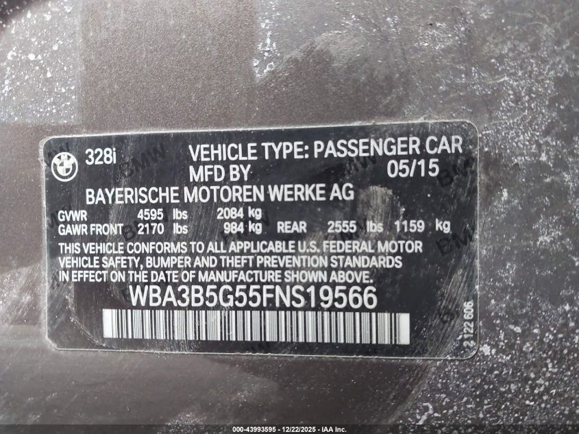 2015 BMW 328I xDrive VIN: WBA3B5G55FNS19566 Lot: 43993595