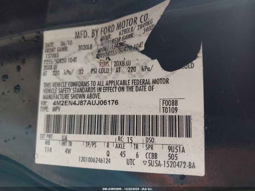 2010 Mercury Mountaineer Premier VIN: 4M2EN4J87AUJ06176 Lot: 43993598