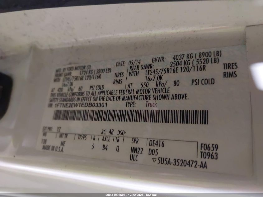 2014 Ford E-250 Commercial VIN: 1FTNE2EW1EDB03301 Lot: 43993606
