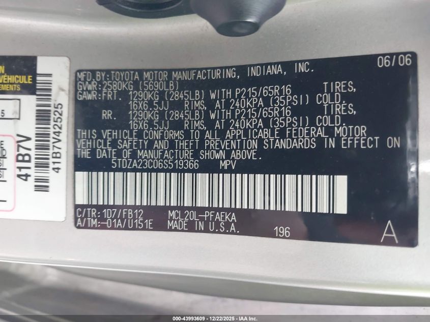 2006 Toyota Sienna Ce VIN: 5TDZA23C06S519366 Lot: 43993609