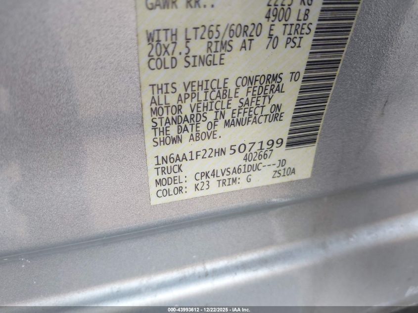 2017 Nissan Titan Xd Platinum Reserve Gas/S Gas/Sl Gas/Sv Gas VIN: 1N6AA1F22HN507199 Lot: 43993612