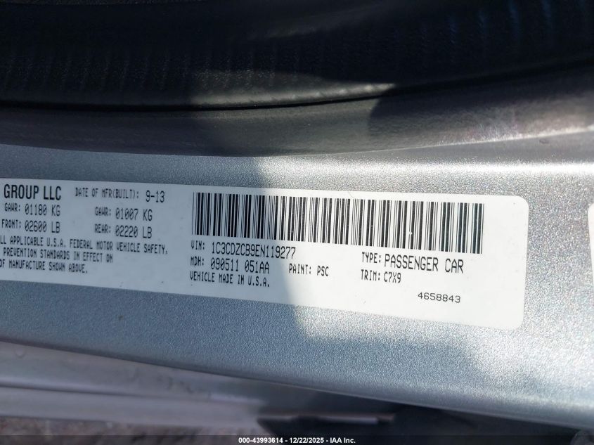 2014 Dodge Avenger Sxt VIN: 1C3CDZCB9EN119277 Lot: 43993614