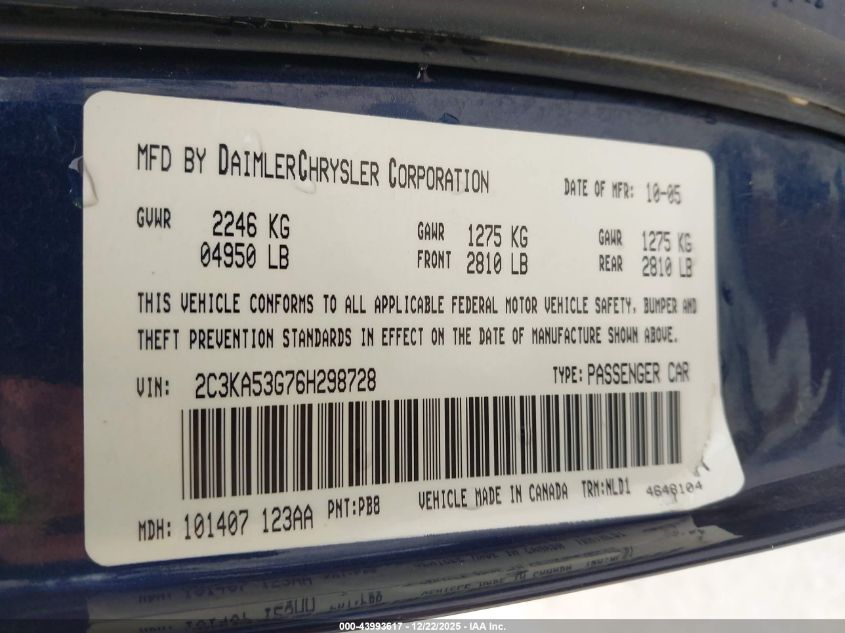 2006 Chrysler 300 Touring VIN: 2C3KA53G768298728 Lot: 43993617